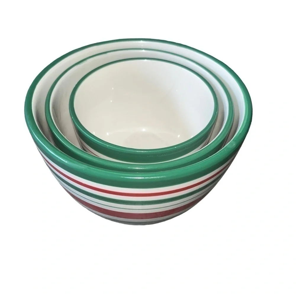 3pc Candy Cane Ceramic small nested mixing bowls Christmas/Holidays Wint…